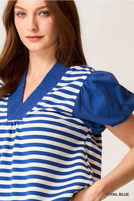 ROYAL BLUE STRIPED PUFF SLEEVE TOP
