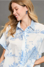 Light Blue Toile Button Down Top