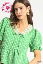 Vintage Peplum Light Green Top with Crochet Lace Collar