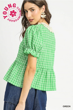 Vintage Peplum Light Green Top with Crochet Lace Collar