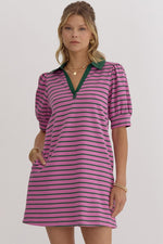 Striped V Neck Puff Sleeve Collared Mini Dress