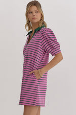 Striped V Neck Puff Sleeve Collared Mini Dress