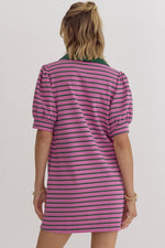Striped V Neck Puff Sleeve Collared Mini Dress