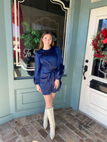SATIN LONG SLEEVE FRONT LAYERED TIE DRESS