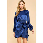 SATIN LONG SLEEVE FRONT LAYERED TIE DRESS