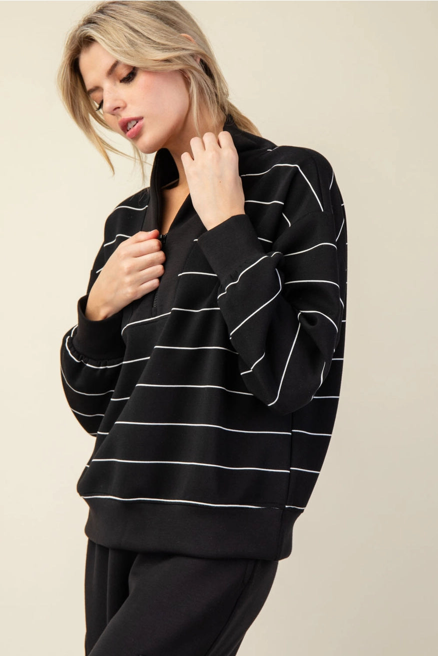 RAE MODE Modal Poly Span Scuba Stripe V-Neck Half Zip Pullover