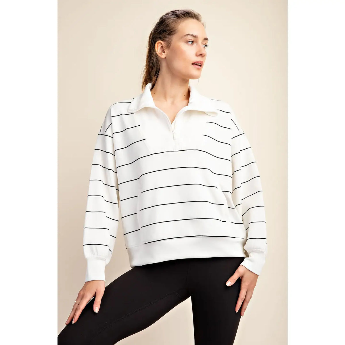 RAE MODE Modal Poly Span Scuba Stripe Mock Neck Quarter Zip Pullover