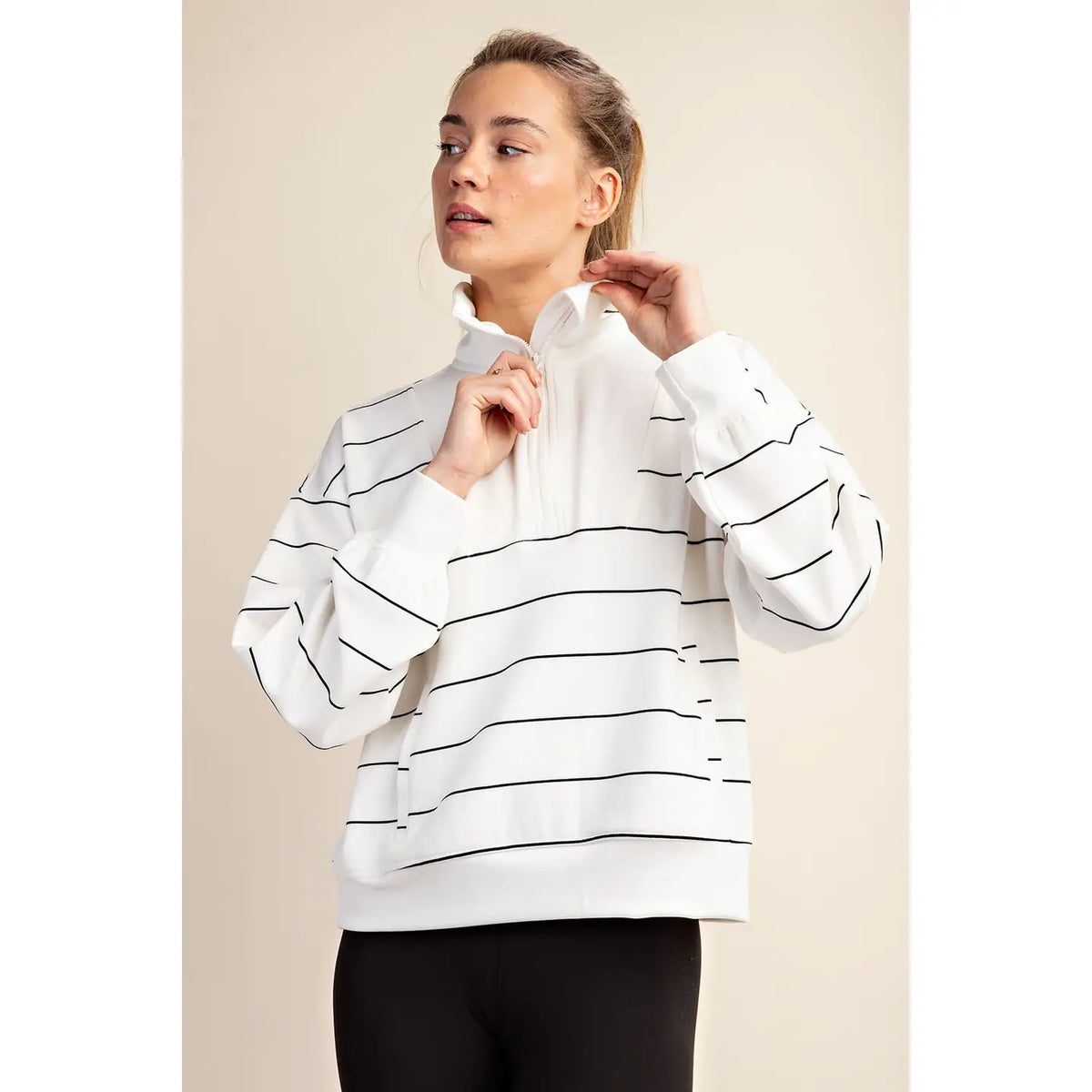 RAE MODE Modal Poly Span Scuba Stripe Mock Neck Quarter Zip Pullover