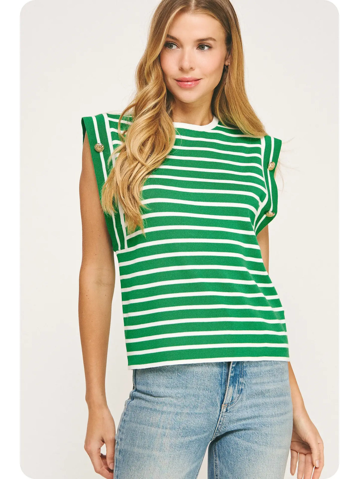 Collins Striped Sleeveless Knit Top with Gold Button Accents- Green