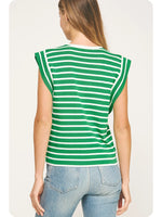 Collins Striped Sleeveless Knit Top with Gold Button Accents- Green