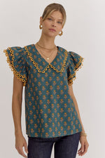 Vintage Floral Print Top with Detailed Trim at Shoulder and Collar
