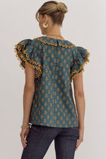 Vintage Floral Print Top with Detailed Trim at Shoulder and Collar