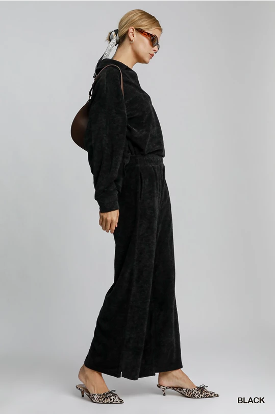 Black Chenille SET with Long Sleeve Collared V Neck Top and Wide Leg Pants