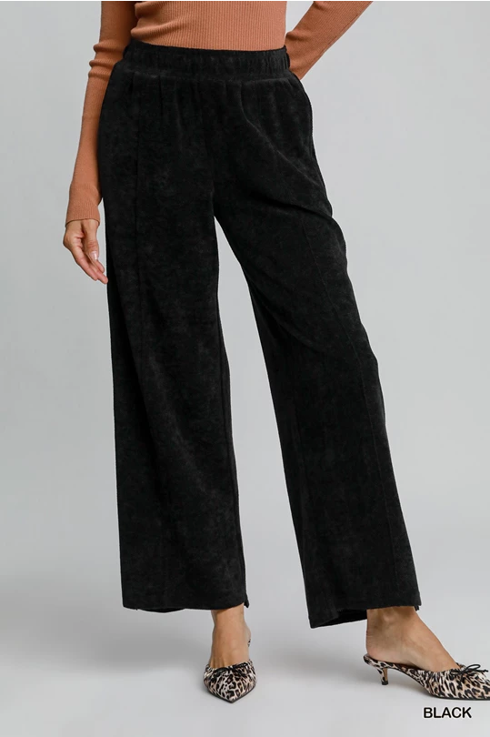 Black Chenille SET with Long Sleeve Collared V Neck Top and Wide Leg Pants