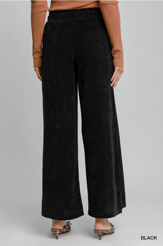 Black Chenille SET with Long Sleeve Collared V Neck Top and Wide Leg Pants