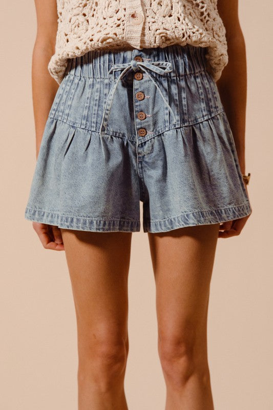Willow Flared Denim Shorts with Elasticized Waist and Drawstring