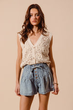 Willow Flared Denim Shorts with Elasticized Waist and Drawstring