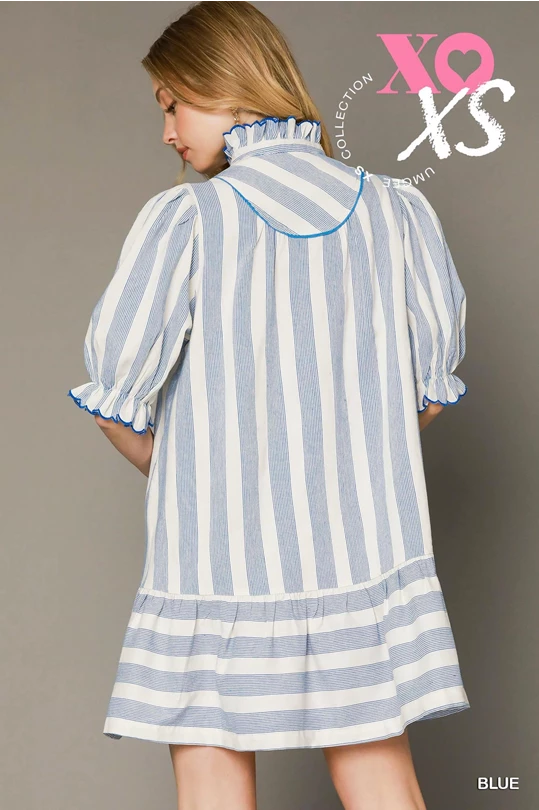 Ruffle High Neck Striped Babydoll Dress - Royal