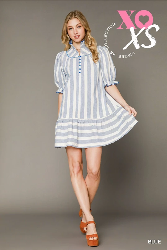 Ruffle High Neck Striped Babydoll Dress - Royal