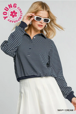 Nautical Henley Style Striped Sweatshirt- Navy