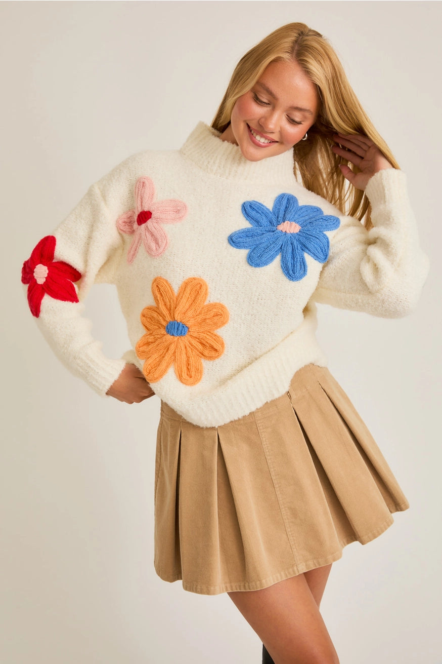 MOCK NECK FLORAL APPLIQUÉ SWEATER