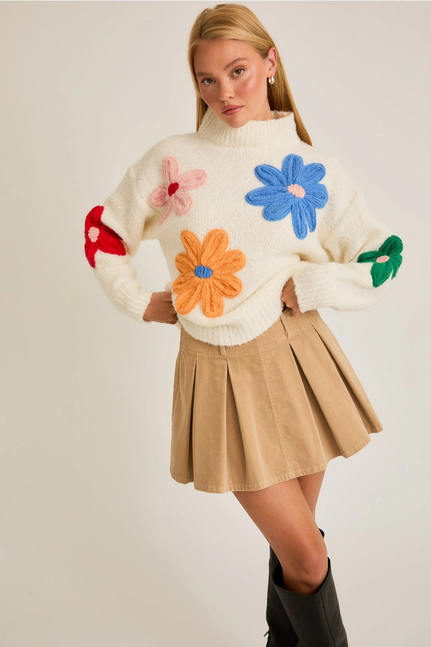 MOCK NECK FLORAL APPLIQUÉ SWEATER