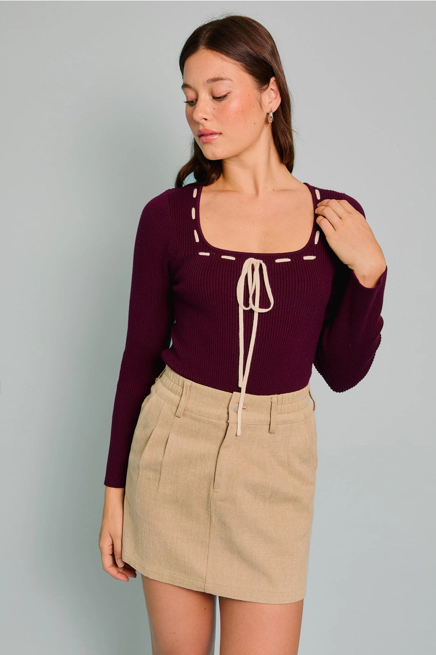 SQUARE NECK LONG SLEEVE STITCH DETAIL SWEATER BODYSUIT- MAROON