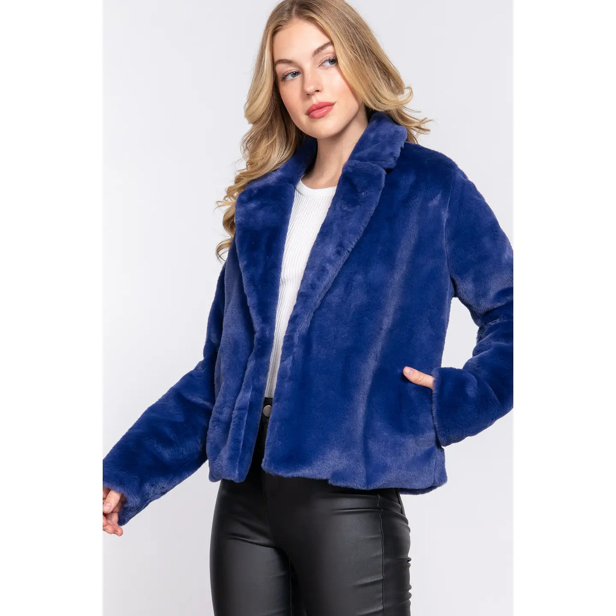 LONG SLEEVE NOTCHED COLLAR OPEN FRONT FAUX FUR - NAVY