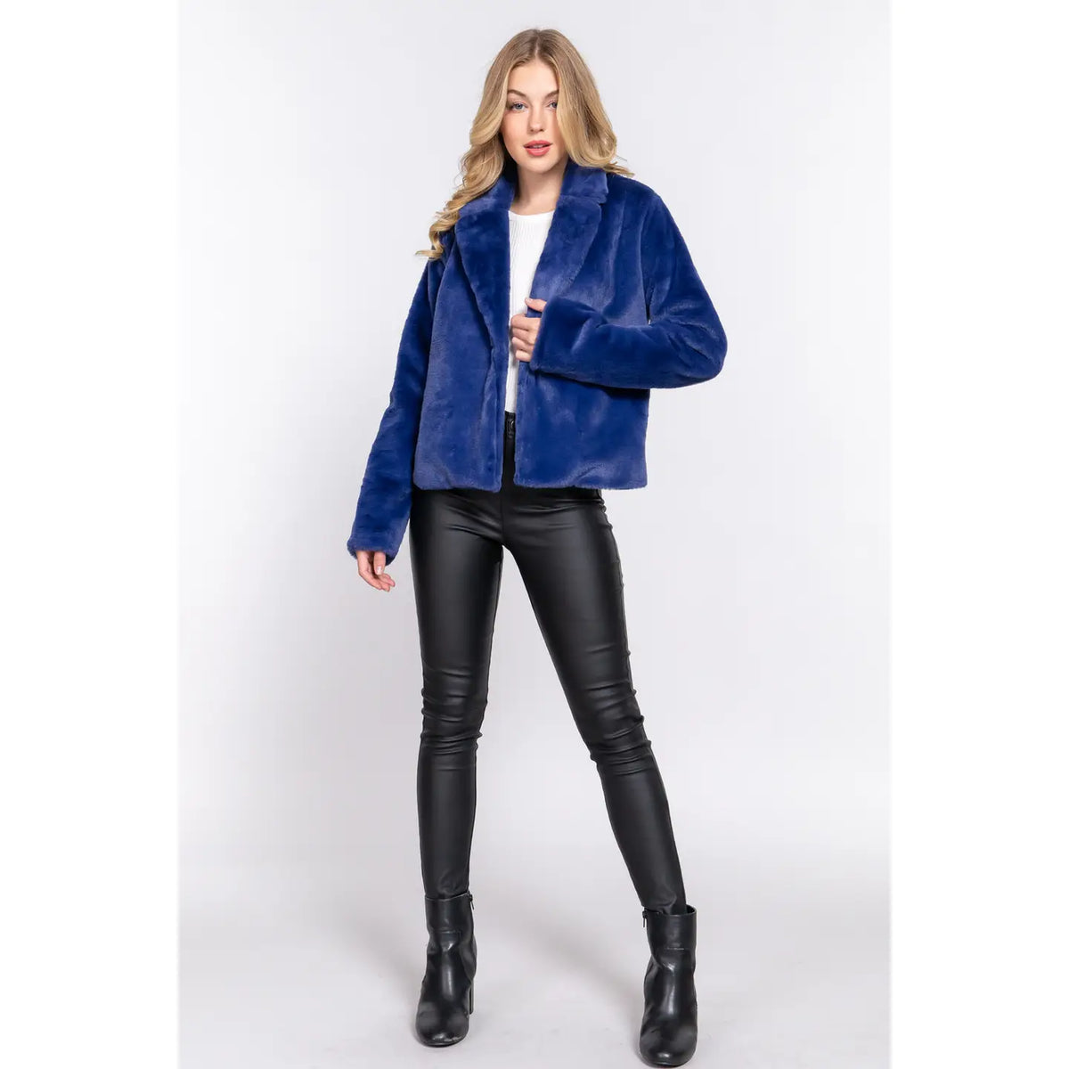 LONG SLEEVE NOTCHED COLLAR OPEN FRONT FAUX FUR - NAVY