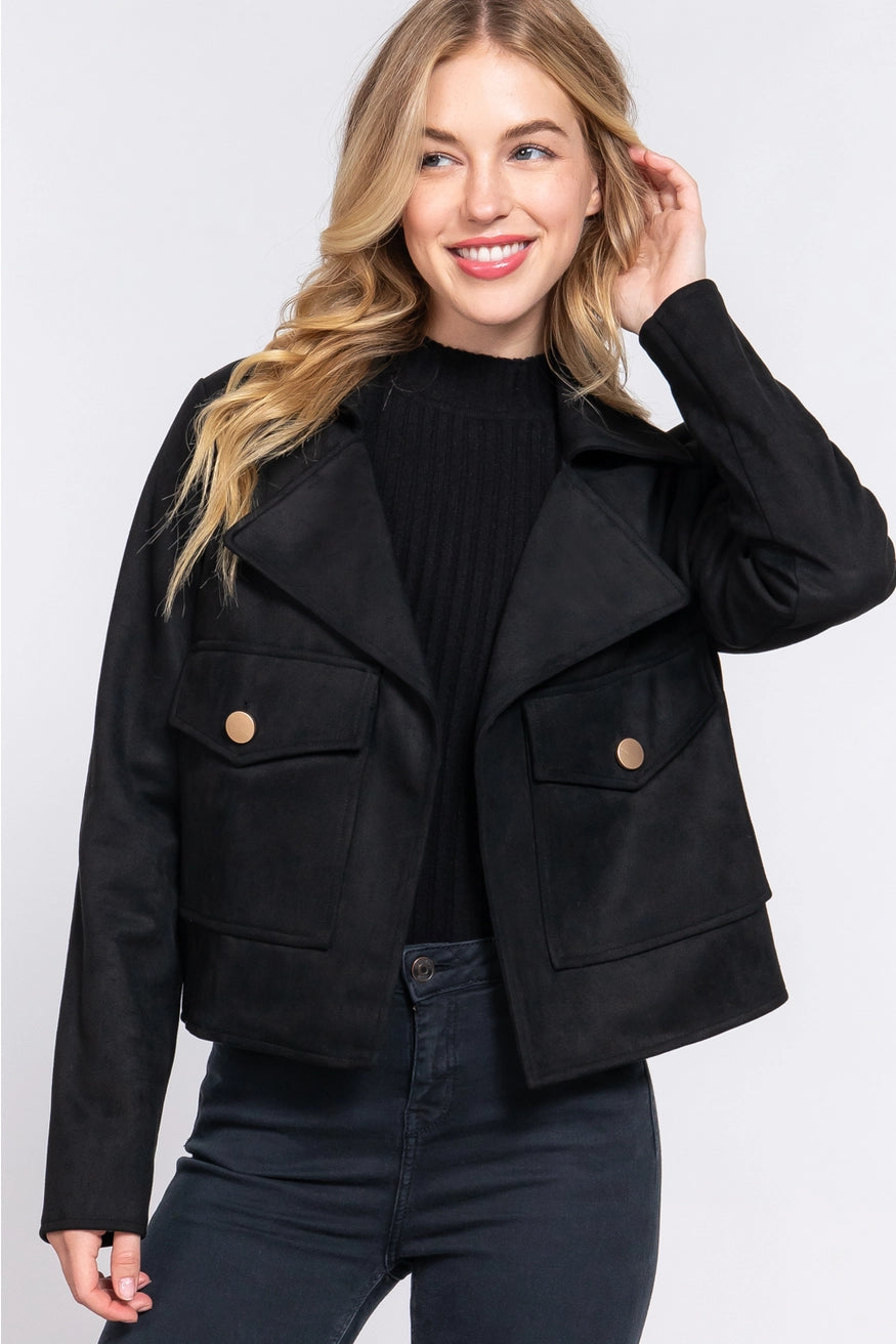 LONG SLEEVE NOTCHED COLLAR OPEN FRONT FAUX SUEDE JACKET- BLACK with GOLD BUTTONS