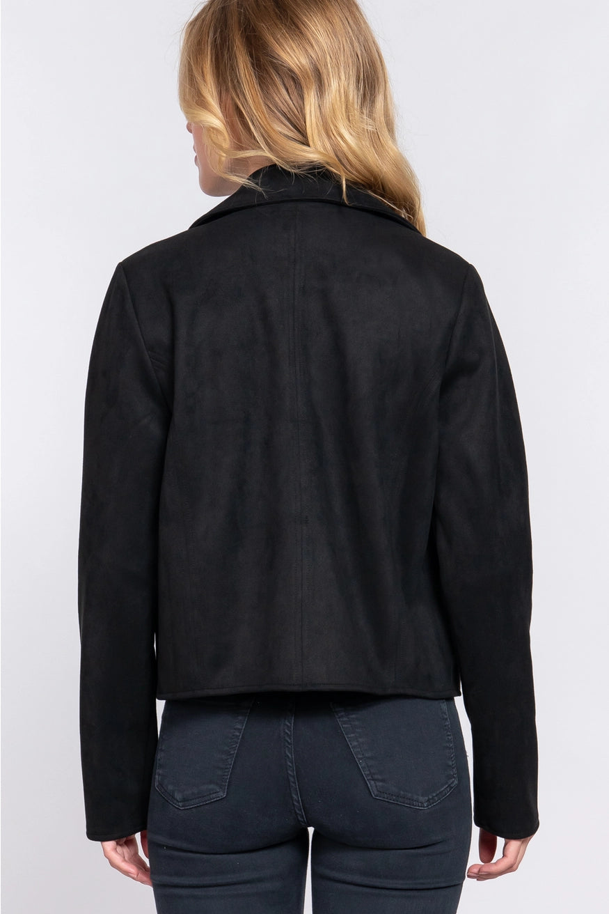 LONG SLEEVE NOTCHED COLLAR OPEN FRONT FAUX SUEDE JACKET- BLACK with GOLD BUTTONS