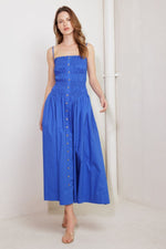 COBALT SMOCKED BODICE MIDI DRESS WITH BUTTON DETAIL
