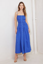 COBALT SMOCKED BODICE MIDI DRESS WITH BUTTON DETAIL