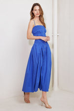 COBALT SMOCKED BODICE MIDI DRESS WITH BUTTON DETAIL