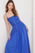 COBALT SMOCKED BODICE MIDI DRESS WITH BUTTON DETAIL