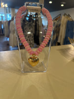 Pink Beaded Necklace with Heart Bubble Charm