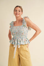 Peachy Blues Floral Flutter Sleeve Smocked Top