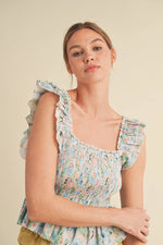 Peachy Blues Floral Flutter Sleeve Smocked Top