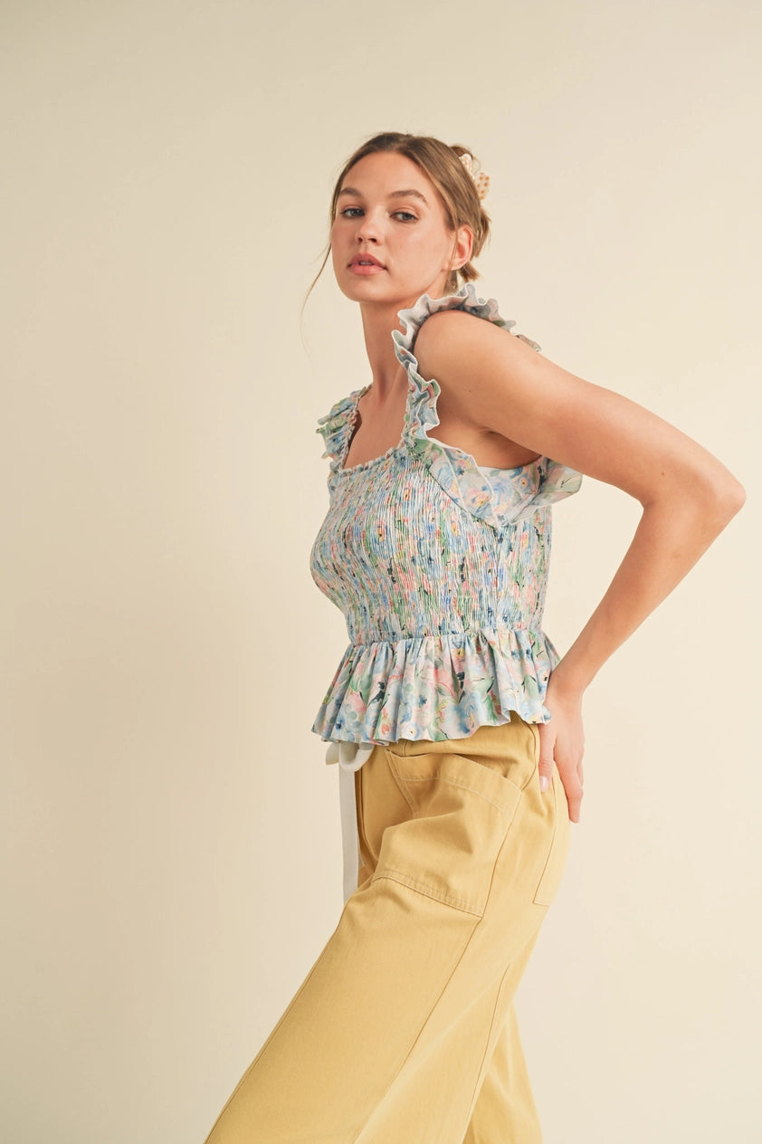 Peachy Blues Floral Flutter Sleeve Smocked Top