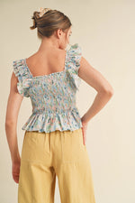 Peachy Blues Floral Flutter Sleeve Smocked Top