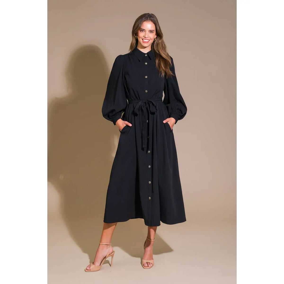 Black Woven Button Down Midi Dress with Tie Sash