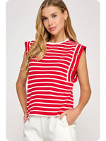 Collins Striped Sleeveless Knit Top with Gold Button Accents - RED