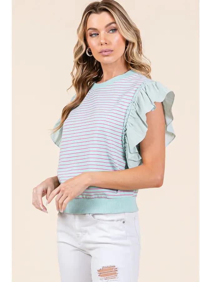 STRIPED RUFFLE CAP SLEEVE WITH BANDED BOTTOM