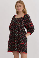 Floral Print Square Neck Mini Dress with Cuffed 3/4 Sleeve and Red Stitching Detail
