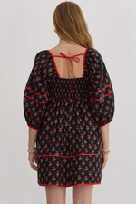Floral Print Square Neck Mini Dress with Cuffed 3/4 Sleeve and Red Stitching Detail
