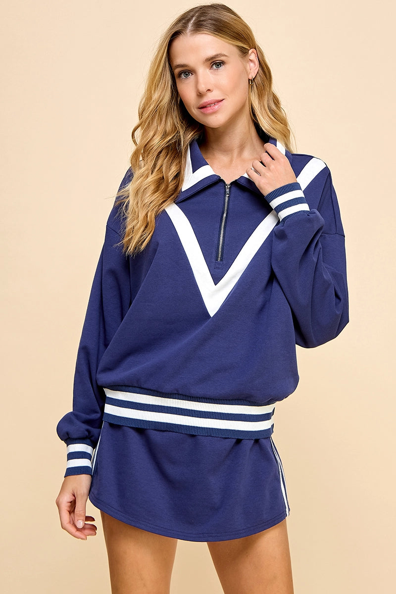 Chevron Striped Detail Quarter Zip Sweater- Navy