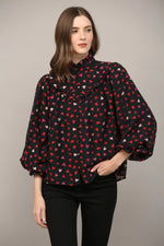 Heart Print Ruffle Yoke Detail Bubble Slv Blouse by FATE