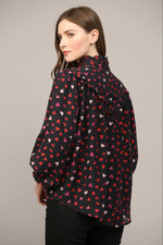 Heart Print Ruffle Yoke Detail Bubble Slv Blouse by FATE
