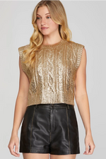SLEEVELESS CABLE KNIT METALLIC CROP SWEATER*AVAILABLE IN BLUE OR GOLD