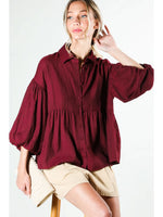 Collared Balloon Sleeve Button Down Blouse